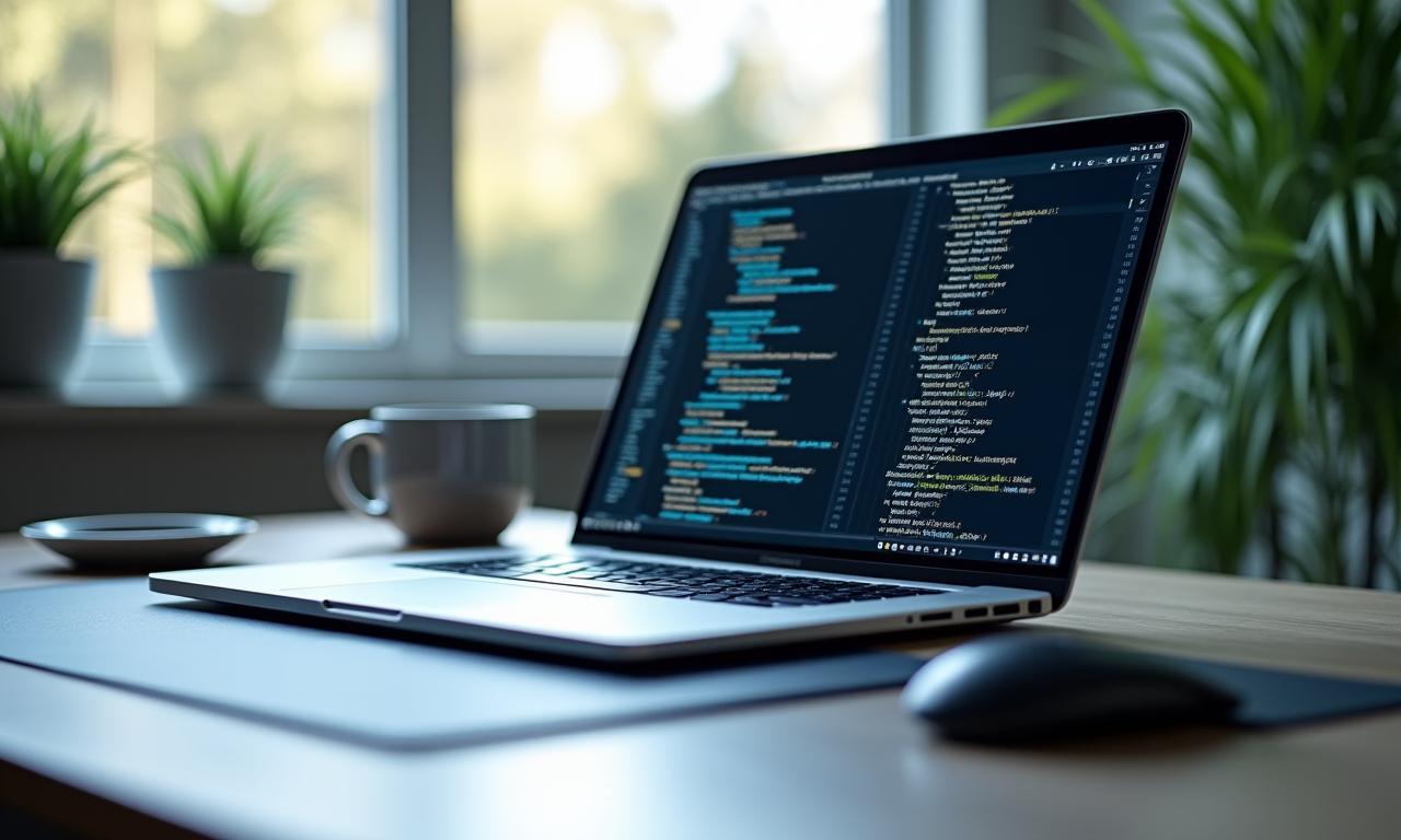 A modern and clean digital workspace with a laptop showing code.